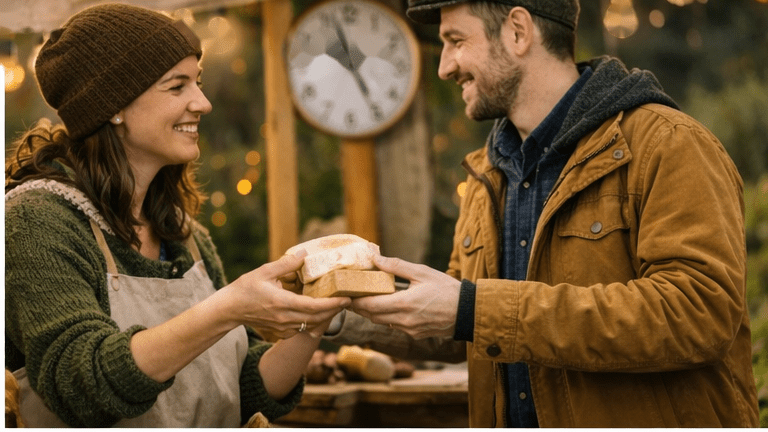 Kvinne som selger lokalmat til kunde.