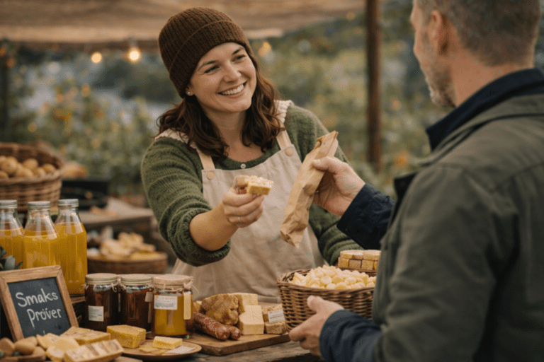 Kvinne som selger lokalmat til kunde.